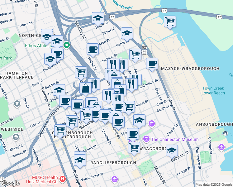 map of restaurants, bars, coffee shops, grocery stores, and more near 472 Meeting Street in Charleston