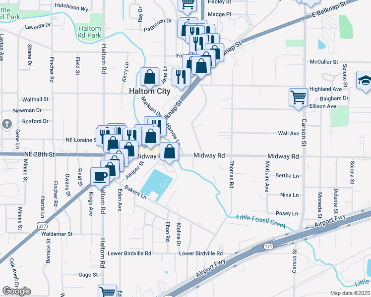 map of restaurants, bars, coffee shops, grocery stores, and more near 2408 Harrow Lane in Haltom City