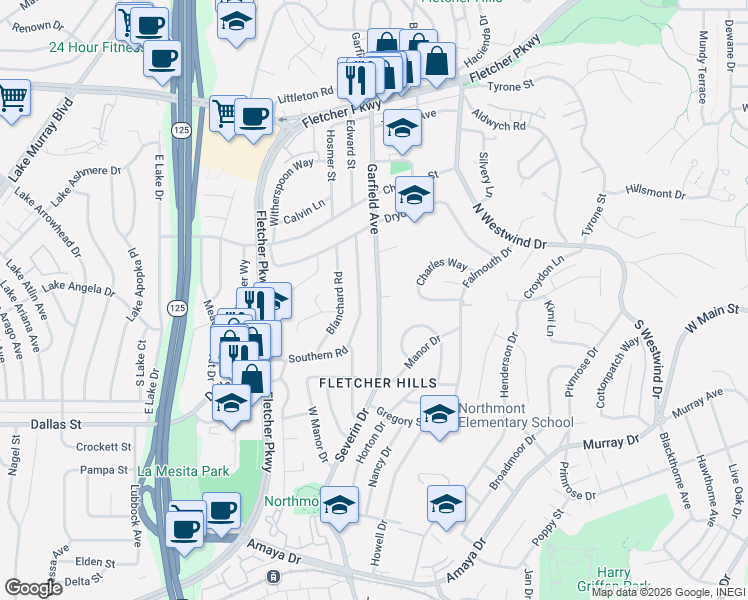 map of restaurants, bars, coffee shops, grocery stores, and more near 185 Garfield Avenue in El Cajon