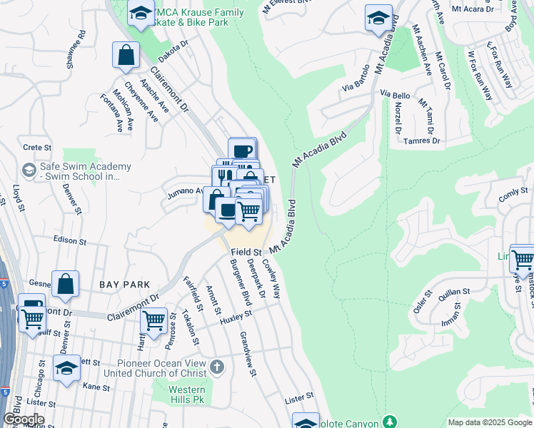 map of restaurants, bars, coffee shops, grocery stores, and more near 3020 Cowley Way in San Diego