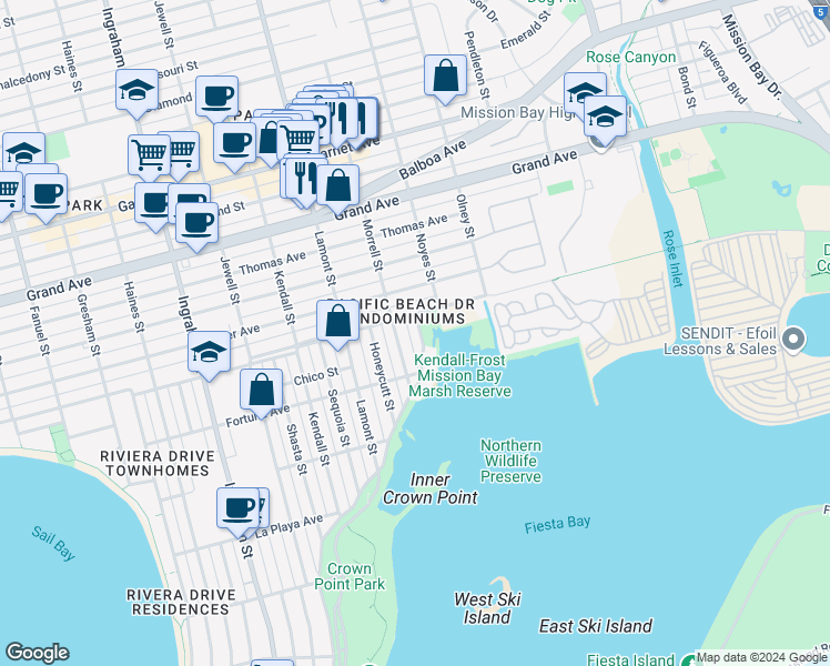 map of restaurants, bars, coffee shops, grocery stores, and more near 4092 Crown Point Drive in San Diego