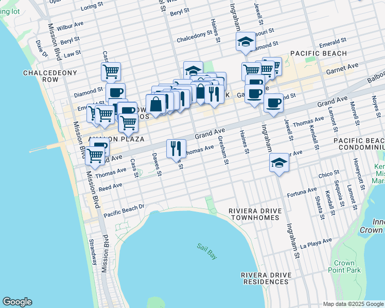 map of restaurants, bars, coffee shops, grocery stores, and more near 1258 Thomas Avenue in San Diego