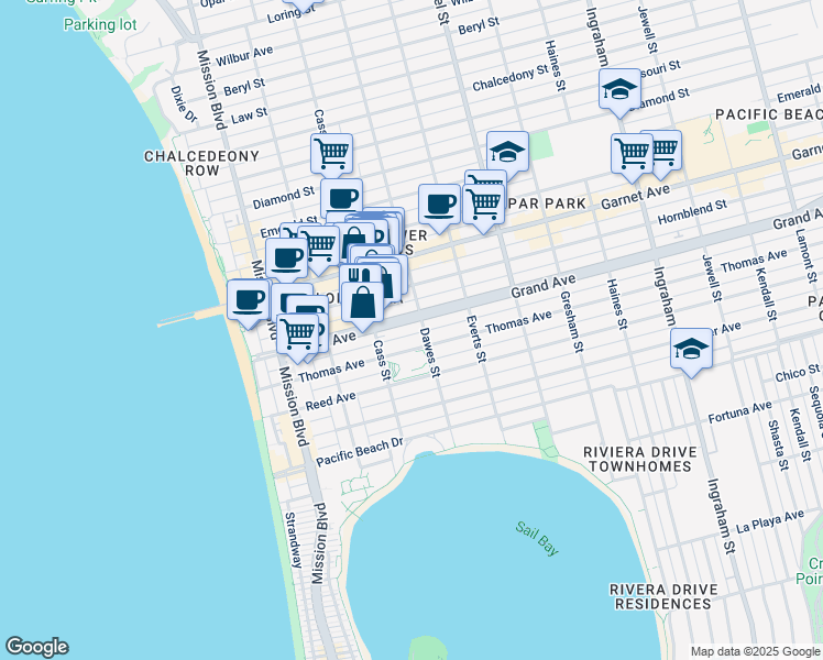 map of restaurants, bars, coffee shops, grocery stores, and more near 1036 Grand Avenue in San Diego