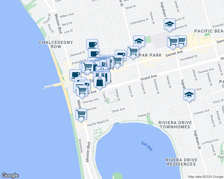 map of restaurants, bars, coffee shops, grocery stores, and more near 1036 Grand Avenue in San Diego