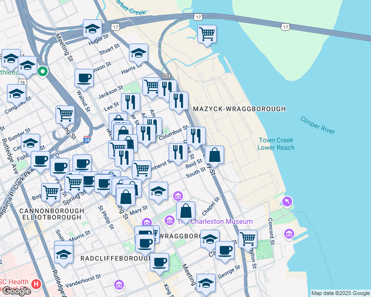 map of restaurants, bars, coffee shops, grocery stores, and more near 63 Columbus Street in Charleston