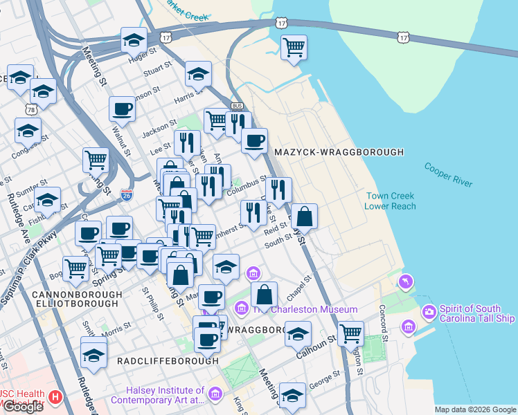 map of restaurants, bars, coffee shops, grocery stores, and more near 63 Columbus Street in Charleston