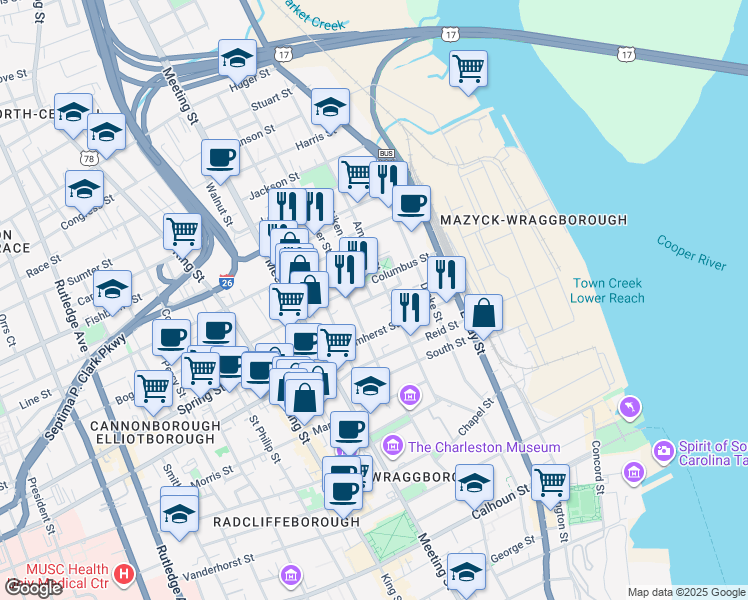 map of restaurants, bars, coffee shops, grocery stores, and more near 71 Columbus Street in Charleston