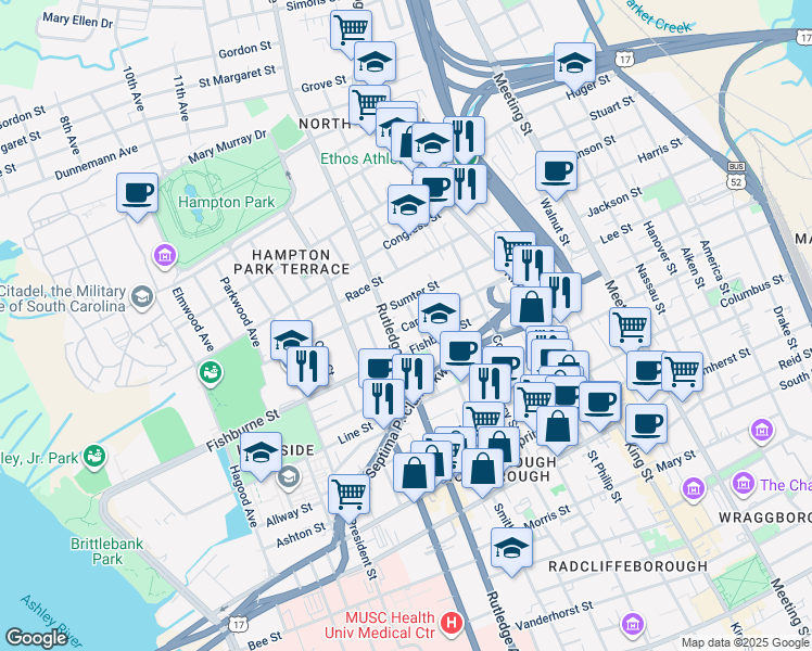 map of restaurants, bars, coffee shops, grocery stores, and more near 12 Perry Street in Charleston