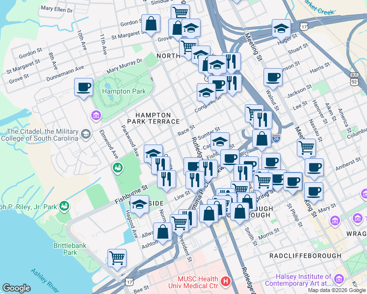map of restaurants, bars, coffee shops, grocery stores, and more near 346 Ashley Avenue in Charleston