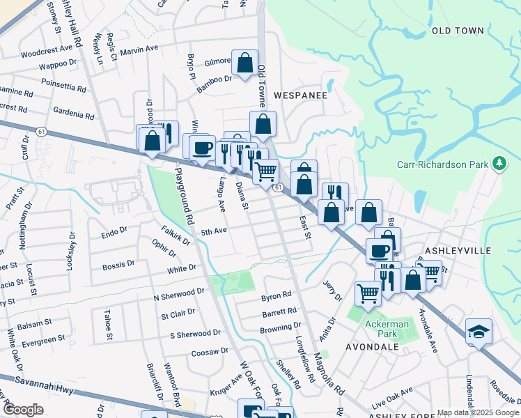 map of restaurants, bars, coffee shops, grocery stores, and more near 1105 Magnolia Road in Charleston