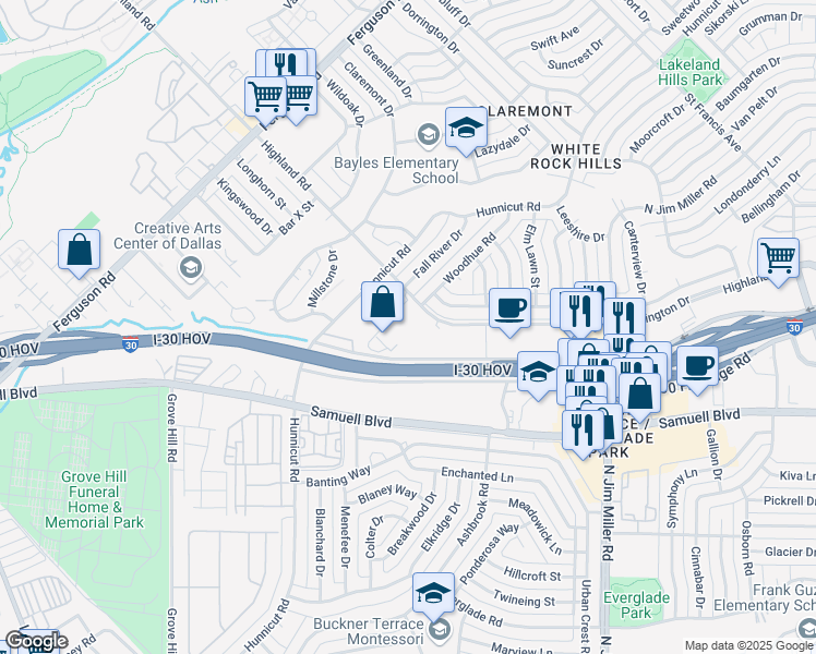 map of restaurants, bars, coffee shops, grocery stores, and more near 2600 Highland Road in Dallas