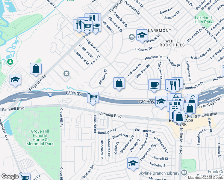 map of restaurants, bars, coffee shops, grocery stores, and more near 7731 East R L Thornton Freeway in Dallas