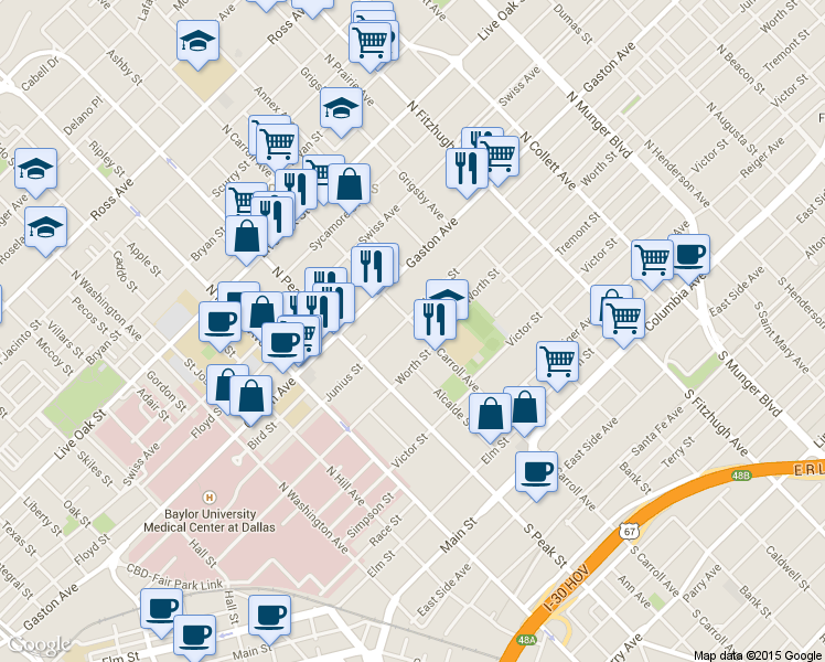 map of restaurants, bars, coffee shops, grocery stores, and more near in Dallas