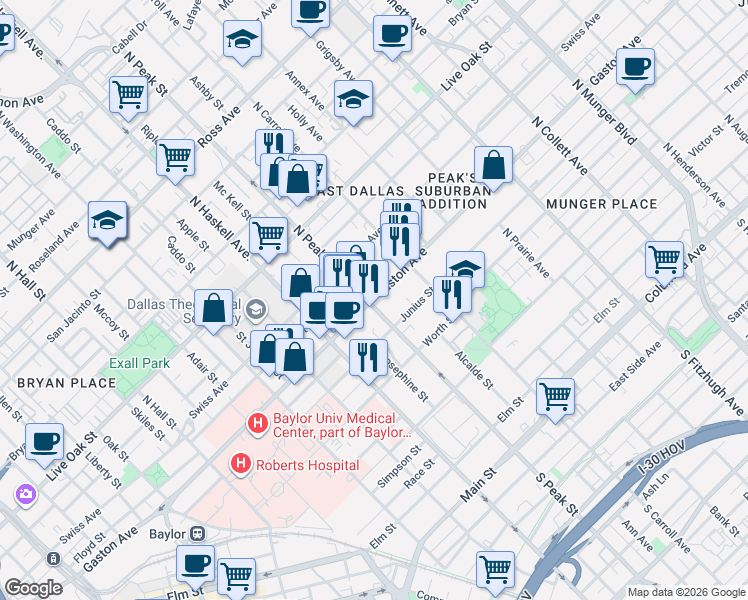map of restaurants, bars, coffee shops, grocery stores, and more near 918 North Peak Street in Dallas