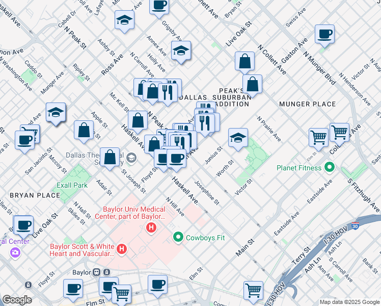 map of restaurants, bars, coffee shops, grocery stores, and more near 918 North Peak Street in Dallas