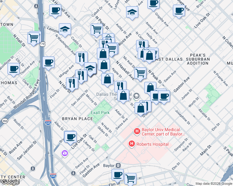 map of restaurants, bars, coffee shops, grocery stores, and more near 3801 Bryan Street in Dallas