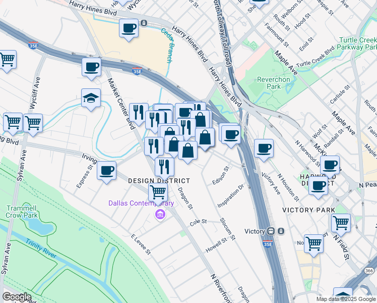 map of restaurants, bars, coffee shops, grocery stores, and more near in Dallas