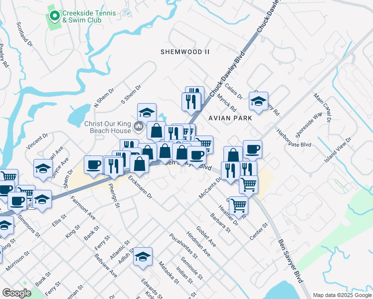 map of restaurants, bars, coffee shops, grocery stores, and more near 1220 Ben Sawyer Boulevard in Mount Pleasant