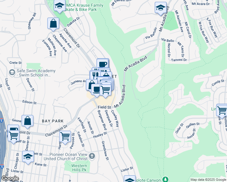 map of restaurants, bars, coffee shops, grocery stores, and more near 2930 Cowley Way in San Diego