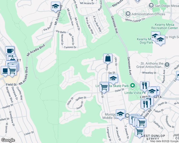 map of restaurants, bars, coffee shops, grocery stores, and more near 6475 Canyon Vista Court in San Diego