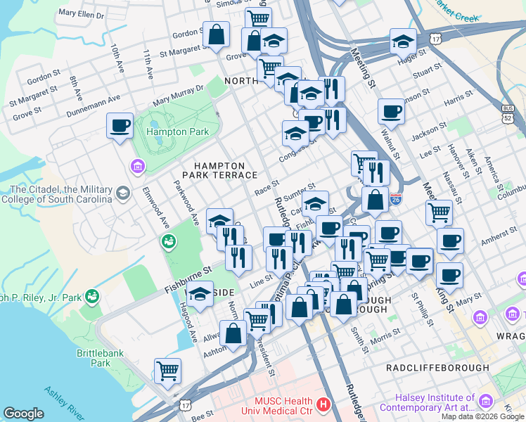 map of restaurants, bars, coffee shops, grocery stores, and more near 346 Ashley Avenue in Charleston