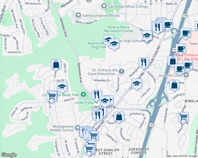 map of restaurants, bars, coffee shops, grocery stores, and more near 2801 Whitney Street in San Diego