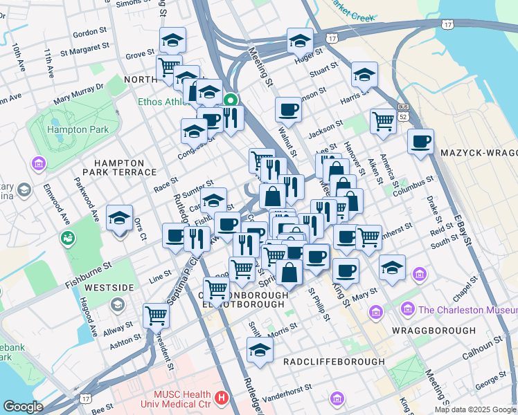 map of restaurants, bars, coffee shops, grocery stores, and more near 92 Sheppard Street in Charleston