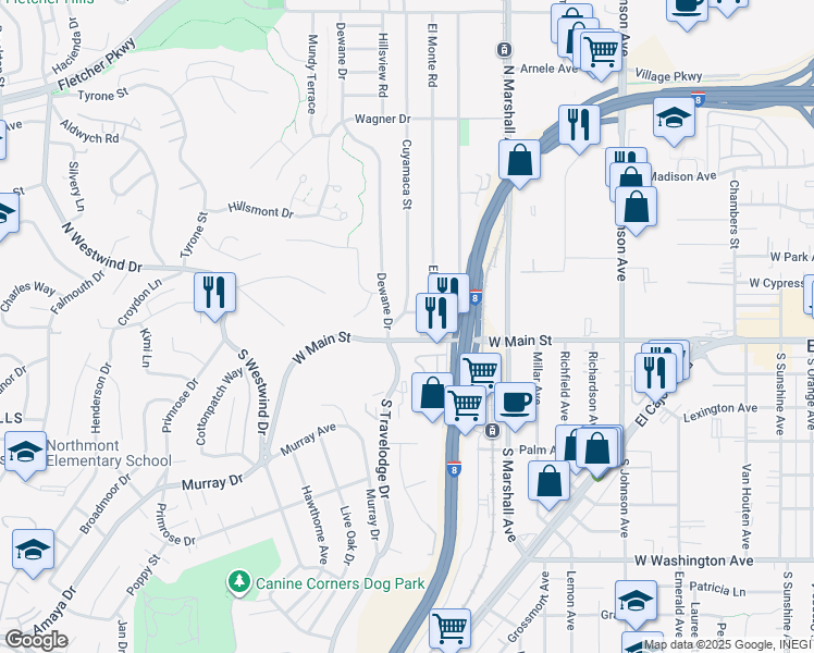 map of restaurants, bars, coffee shops, grocery stores, and more near 1280 West Main Street in El Cajon