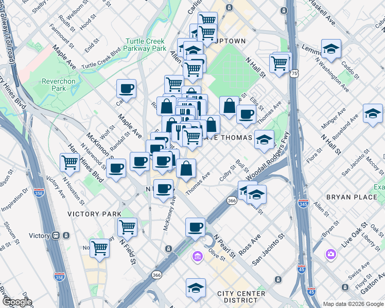 map of restaurants, bars, coffee shops, grocery stores, and more near 2500 McKinney Avenue in Dallas