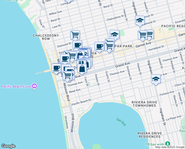map of restaurants, bars, coffee shops, grocery stores, and more near 1036 Grand Avenue in San Diego