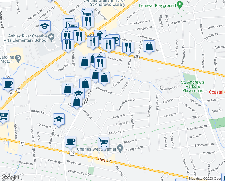 map of restaurants, bars, coffee shops, grocery stores, and more near 12 Woodleaf Court in Charleston