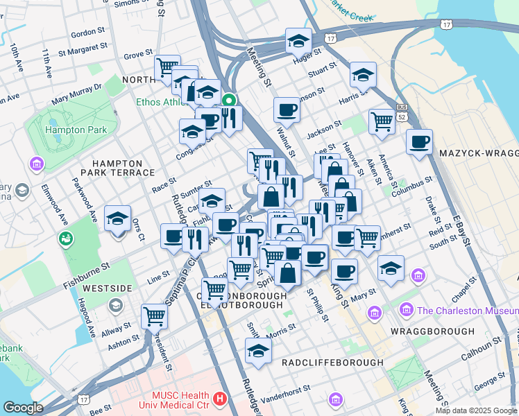 map of restaurants, bars, coffee shops, grocery stores, and more near 90 Sheppard Street in Charleston