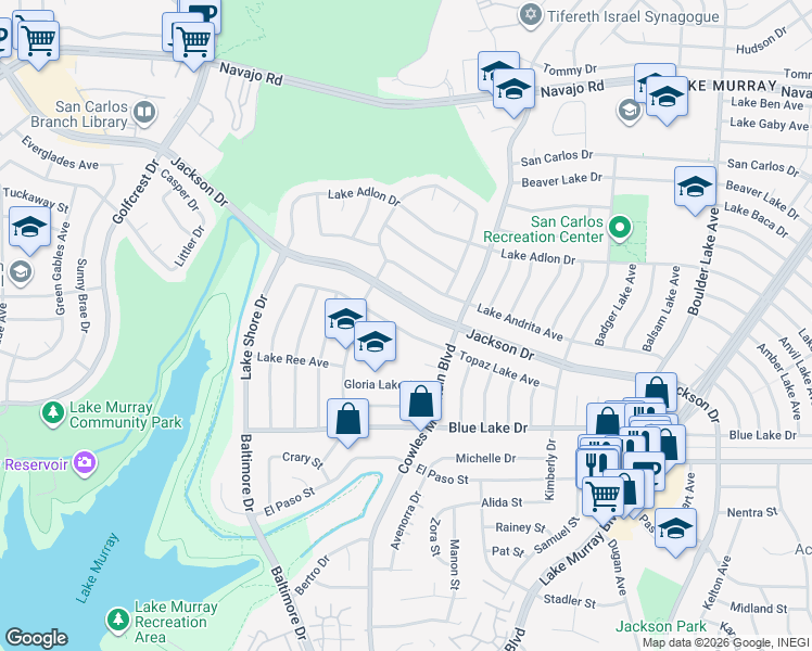 map of restaurants, bars, coffee shops, grocery stores, and more near 6902 Jackson Drive in San Diego