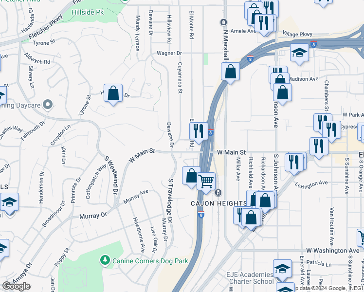 map of restaurants, bars, coffee shops, grocery stores, and more near in El Cajon