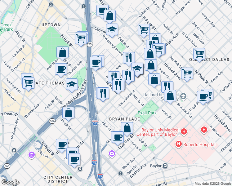 map of restaurants, bars, coffee shops, grocery stores, and more near 1707 North Hall Street in Dallas