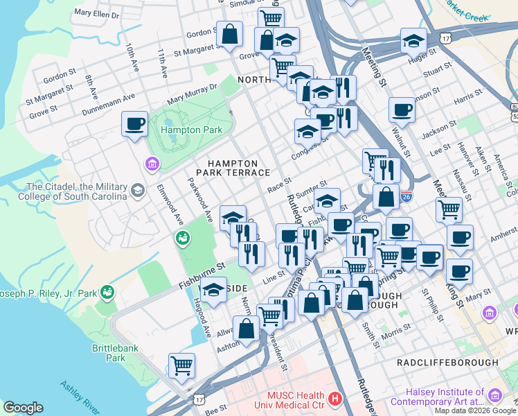 map of restaurants, bars, coffee shops, grocery stores, and more near 346 Ashley Avenue in Charleston