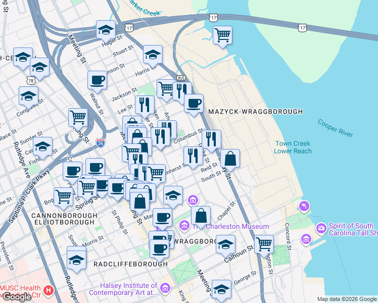 map of restaurants, bars, coffee shops, grocery stores, and more near 5 East Hampstead Square in Charleston