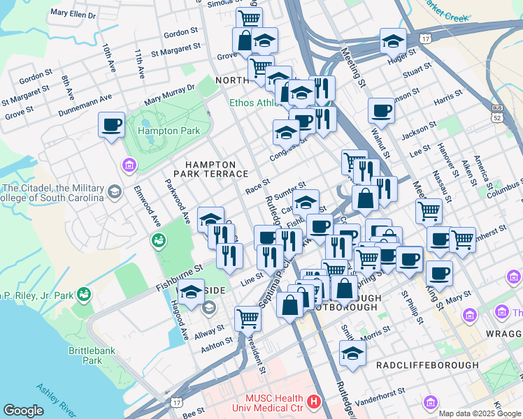 map of restaurants, bars, coffee shops, grocery stores, and more near 24 Larnes Street in Charleston