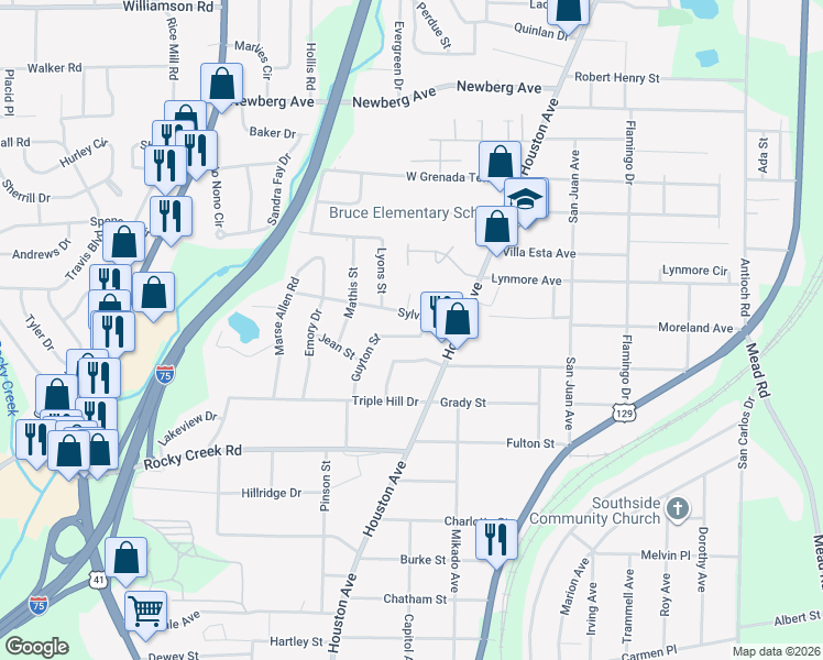 map of restaurants, bars, coffee shops, grocery stores, and more near 1088 Sylvian Drive in Macon