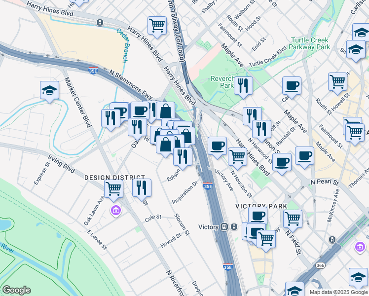 map of restaurants, bars, coffee shops, grocery stores, and more near 1525 North Stemmons Freeway in Dallas