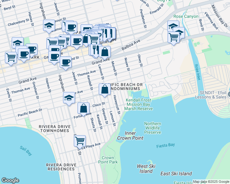 map of restaurants, bars, coffee shops, grocery stores, and more near 4095 Honeycutt Street in San Diego