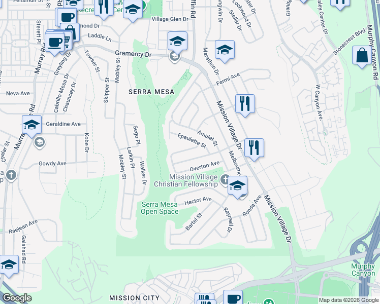 map of restaurants, bars, coffee shops, grocery stores, and more near 9215 Huntington Avenue in San Diego