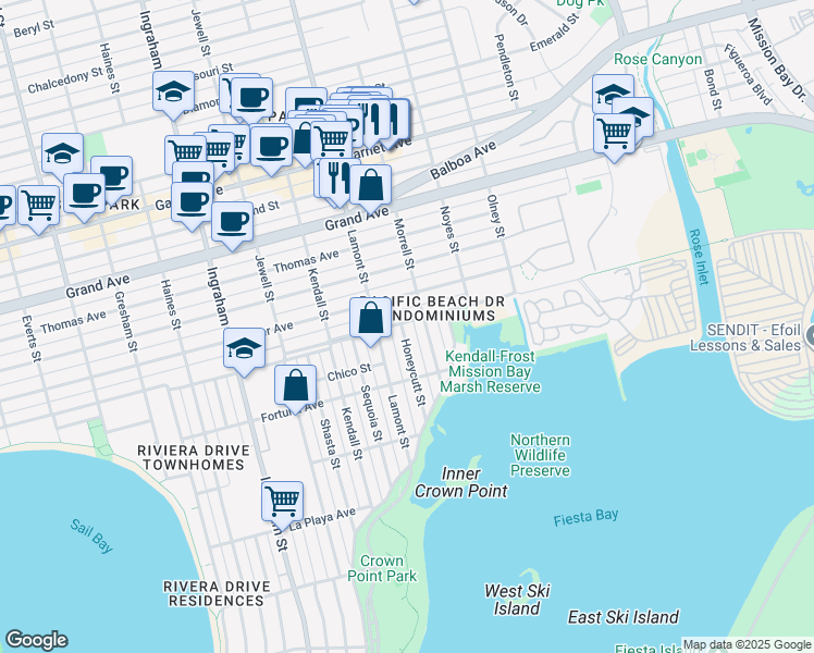map of restaurants, bars, coffee shops, grocery stores, and more near 4095 Honeycutt Street in San Diego
