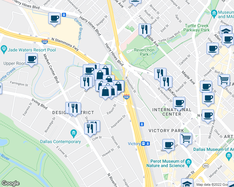map of restaurants, bars, coffee shops, grocery stores, and more near 1400 Hi Line Drive in Dallas