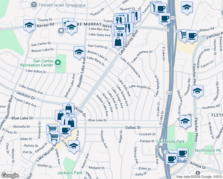 map of restaurants, bars, coffee shops, grocery stores, and more near 6332 Lake Ariana Avenue in San Diego