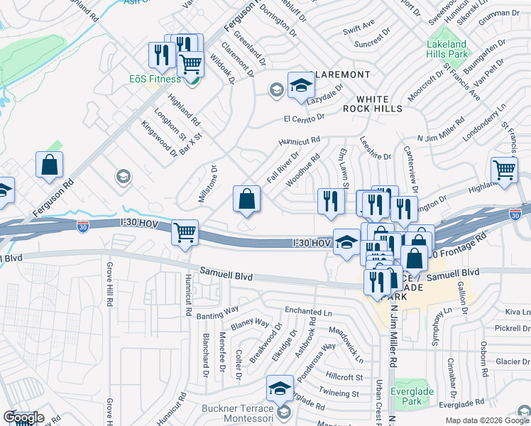 map of restaurants, bars, coffee shops, grocery stores, and more near 2600 Highland Road in Dallas