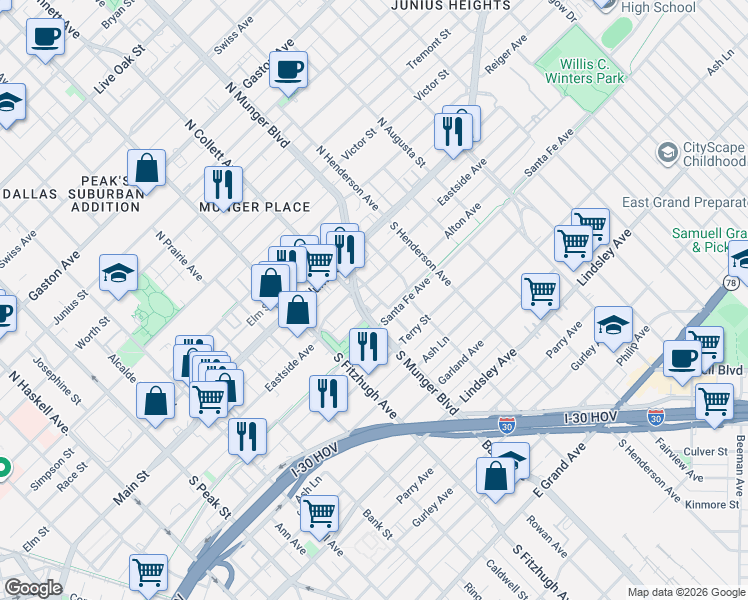 map of restaurants, bars, coffee shops, grocery stores, and more near 5010 Eastside Avenue in Dallas