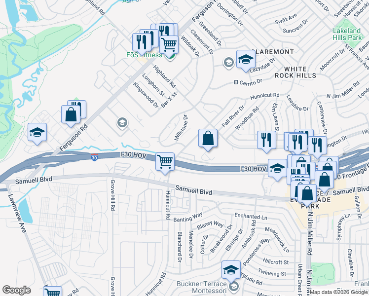 map of restaurants, bars, coffee shops, grocery stores, and more near Hunnicut Road in Dallas