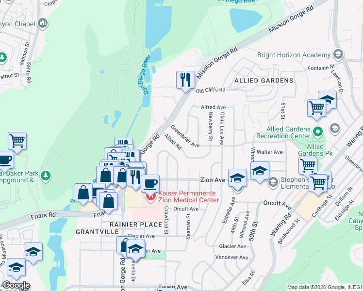 map of restaurants, bars, coffee shops, grocery stores, and more near 4768 Allied Road in San Diego