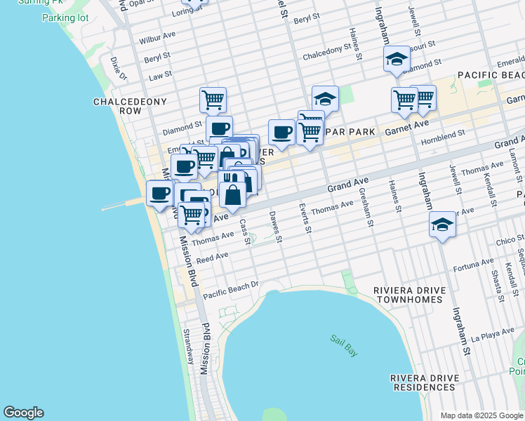map of restaurants, bars, coffee shops, grocery stores, and more near 1036 Grand Avenue in San Diego